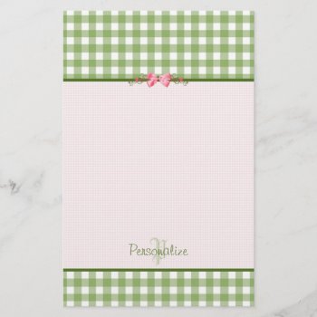 Girly Green Gingham Monogram With Name Stationery by PhotographyTKDesigns at Zazzle