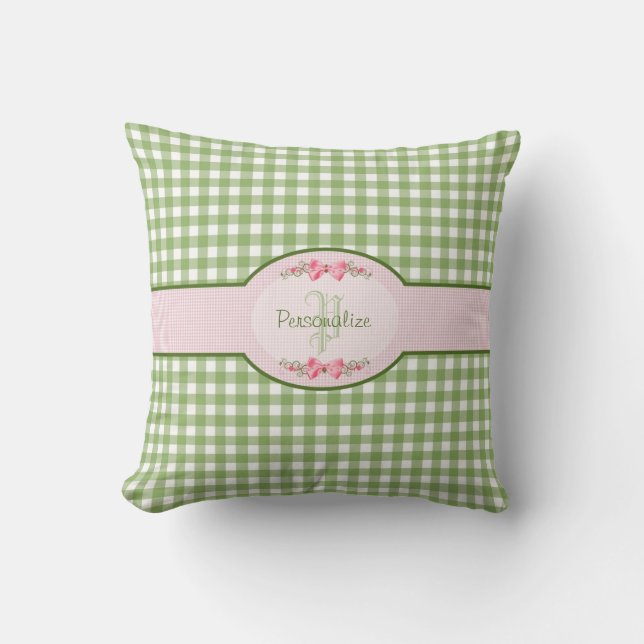 Girly Green Gingham Monogram With Name Throw Pillow (Front)