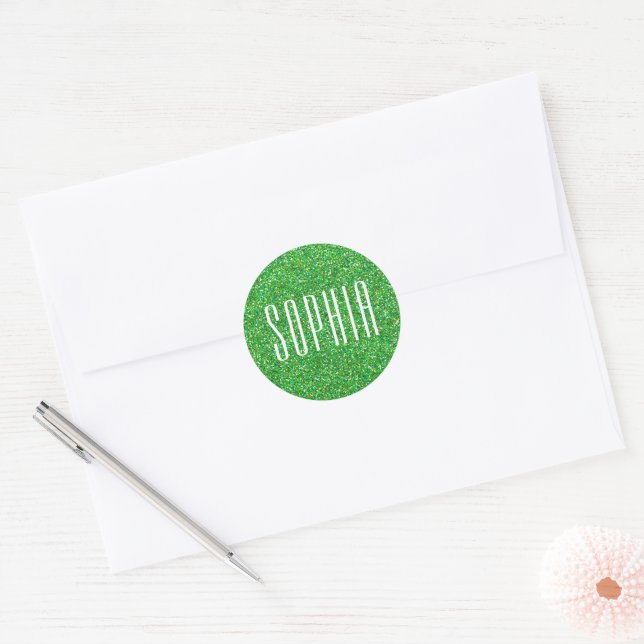 Girly Green Glitter Name Cute Sparkle Classic Round Sticker (Envelope)