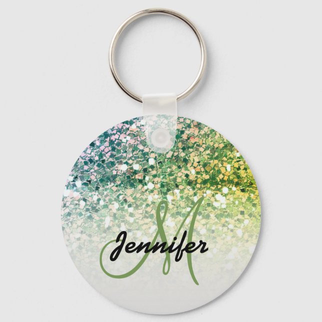 Girly Green Glitter Sparkles Monogram Name Keychain (Front)