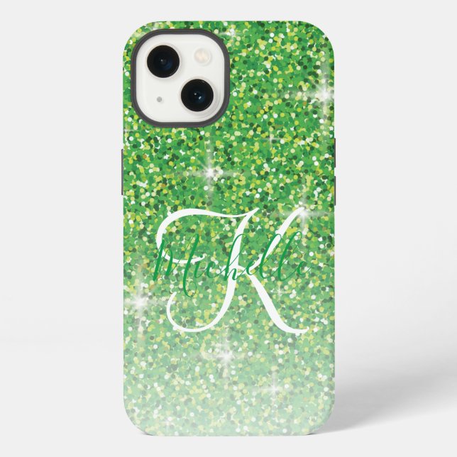 Girly Green Glitter Sparkles Monogram Script Name Iphone Case (Back)