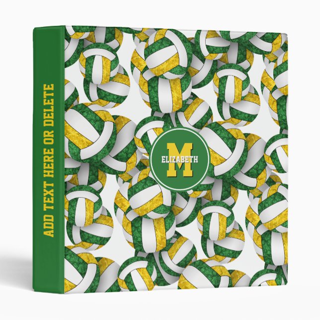 girly green gold school colors volleyball 3 ring binder (Front/Spine)