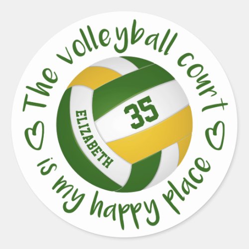 girly green gold volleyball court my happy place classic round sticker
