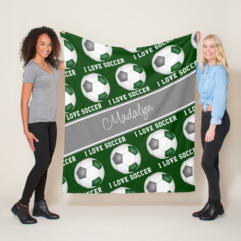 girly green gray I love soccer text pattern fleece blanket