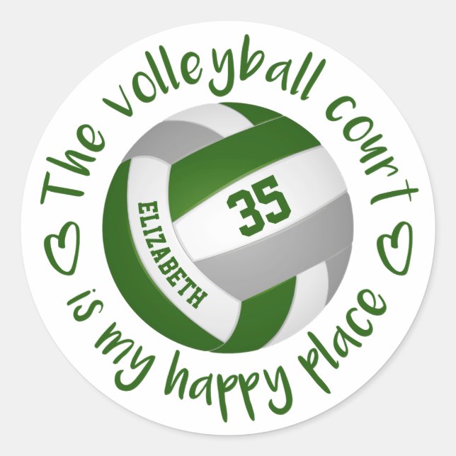 girly green gray volleyball court my happy place classic round sticker (Front)