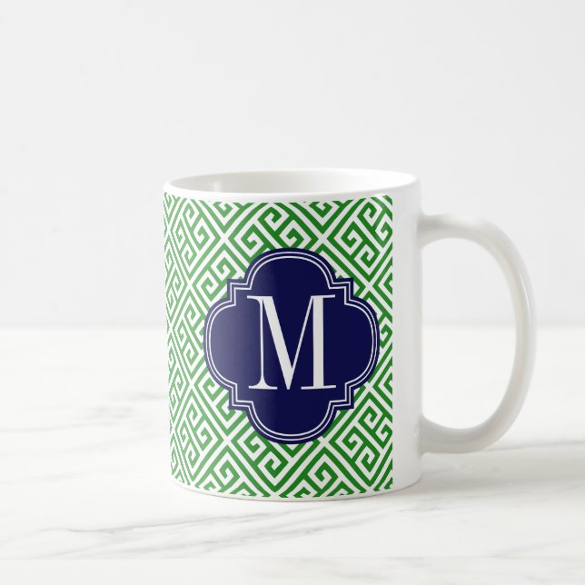 Girly Green & Navy Greek Key Pattern Custom Coffee Mug (Right)