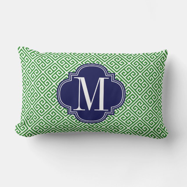 Girly Green & Navy Greek Key Pattern Custom Lumbar Pillow (Front)