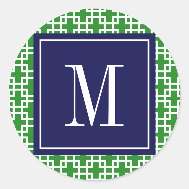 Girly Green & Navy Squares Pattern Custom Classic Round Sticker (Front)