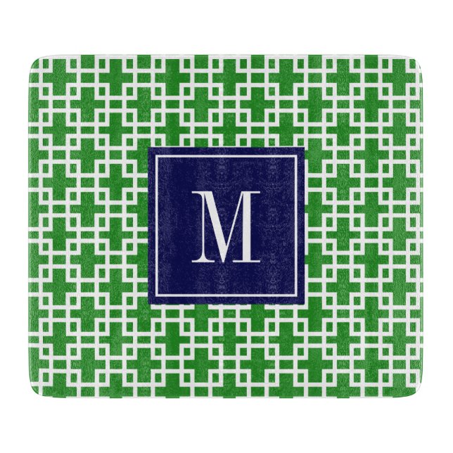 Girly Green & Navy Squares Pattern Custom Cutting Board (Front)