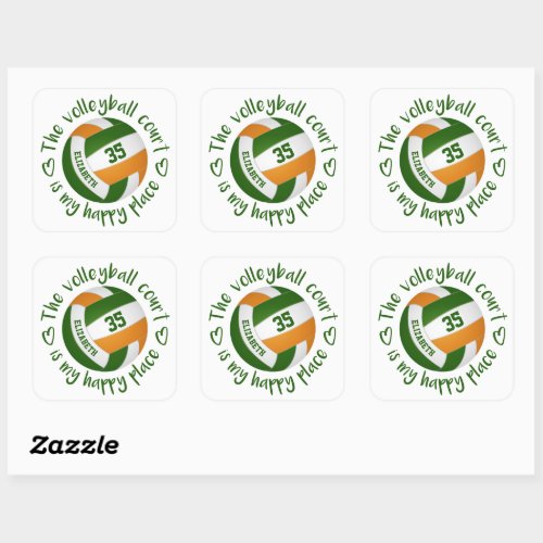 girly green orange volleyball court my happy place square sticker