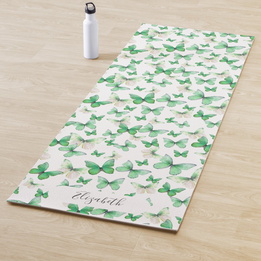Girly Green Pastel Butterflies Custom Name Yoga Mat