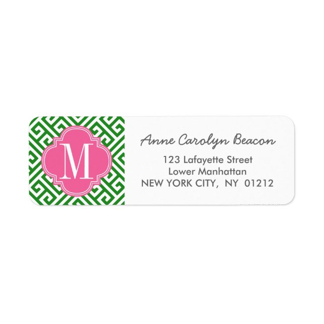 Girly Green & Pink Greek Key Pattern Custom Label (Front)