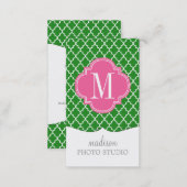 Girly Green & Pink Moroccan Tiles Monogram Business Card (Front/Back)