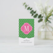 Girly Green & Pink Moroccan Tiles Monogram Business Card (Standing Front)