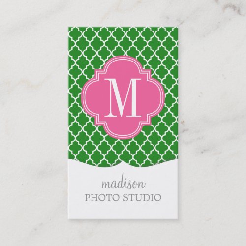 Girly Green &amp; Pink Moroccan Tiles Monogram Business Card Template