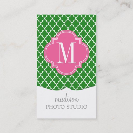 Customizable Girly Green &amp; Pink Moroccan Tiles Monogram Business Card Template