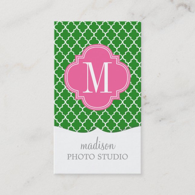 Girly Green & Pink Moroccan Tiles Monogram Business Card (Front)