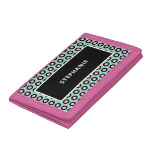 Girly Green Pink Polka Dots Name Trifold Wallet