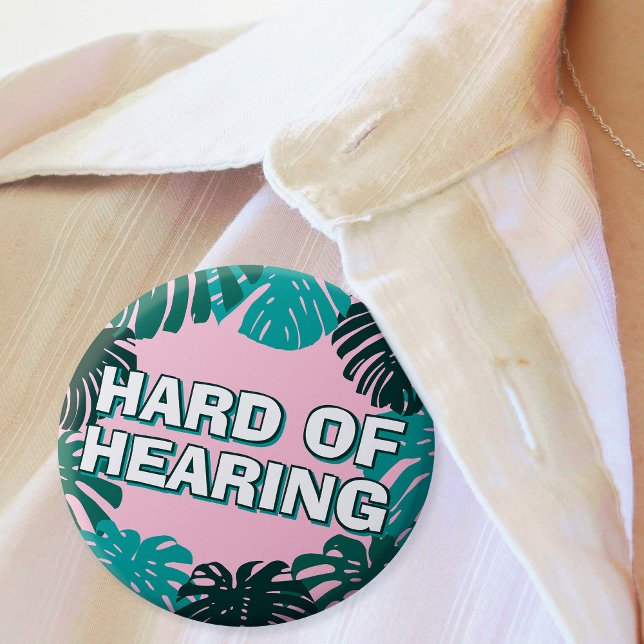 Girly Green Pink Tropical Leaves Hard of Hearing Button (Creator Uploaded)