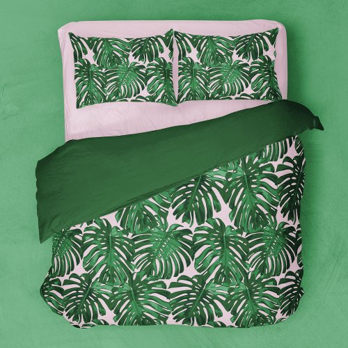 Girly Green Pink Tropical Leaves Pattern Duvet Cover