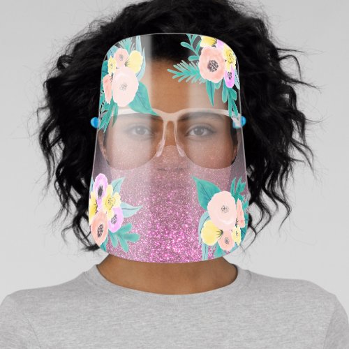Girly Green Pink Yellow Floral Glitter Safety Face Shield