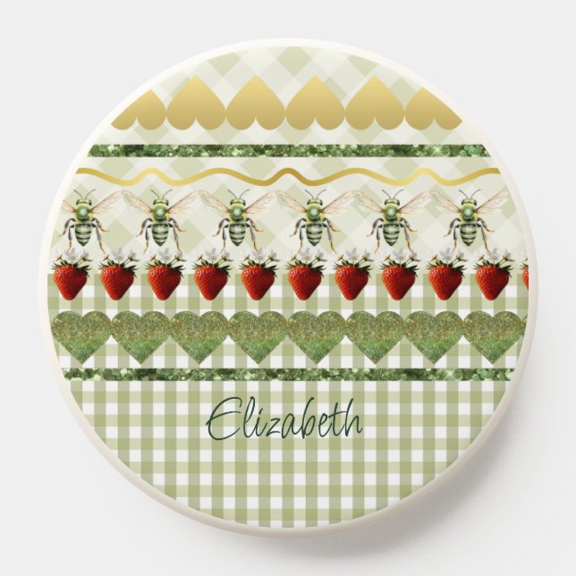 Girly Green Plaid and Check Bees Hearts Monogram PopSocket (Popsocket)