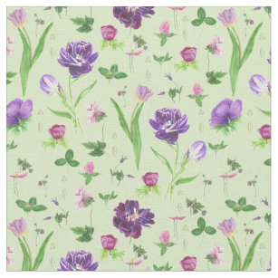 Girly Green Purple Tulips Floral Pattern Fabric