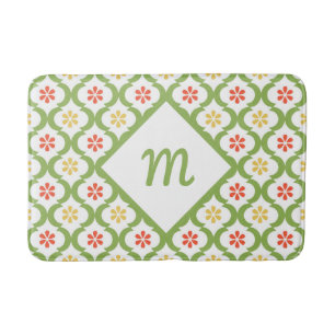 Girly Green Quatrefoil Cute Daisies and Monogram Bathroom Mat
