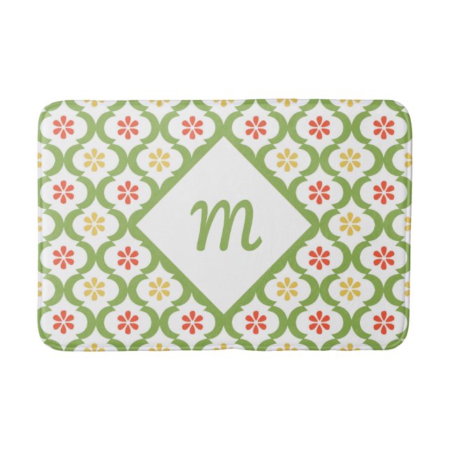Girly Green Quatrefoil Cute Daisies and Monogram Bathroom Mat (Front)