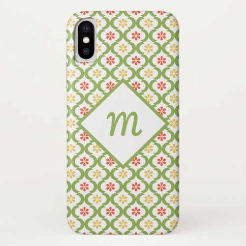 Girly Green Quatrefoil Cute Daisies and Monogram iPhone X Case