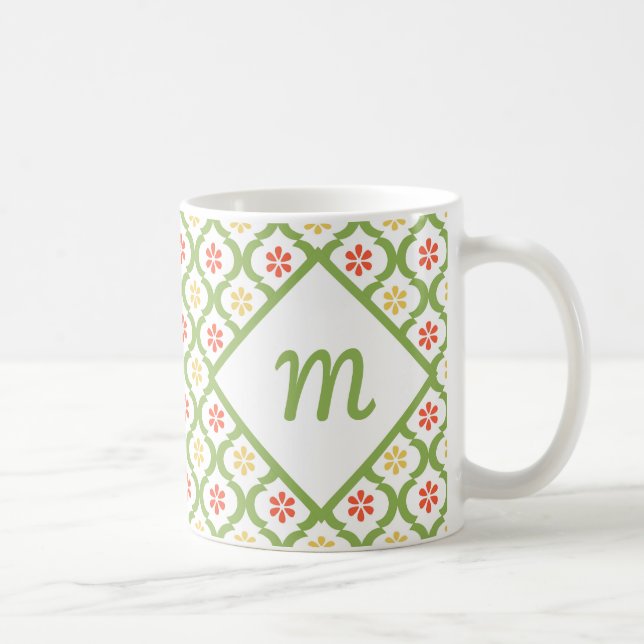 Girly Green Quatrefoil Cute Daisies and Monogram Coffee Mug (Right)