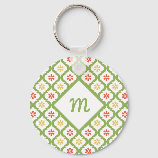Girly Green Quatrefoil Cute Daisies and Monogram Keychain (Front)