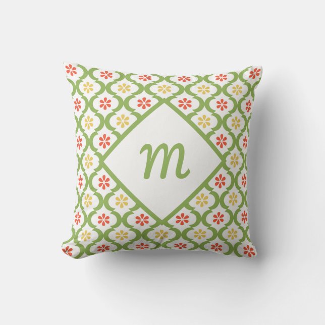 Girly Green Quatrefoil Cute Daisies and Monogram Throw Pillow (Front)