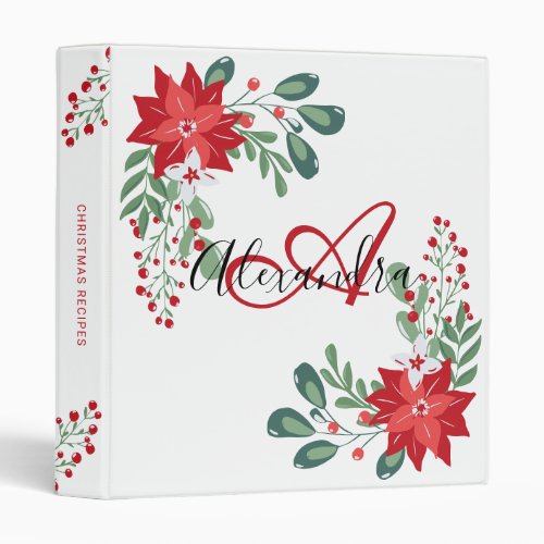 Girly Green Red Floral Christmas Monogram Recipe   3 Ring Binder