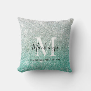 Girly Green Silver Ombre Glitter Monogram Name   Throw Pillow