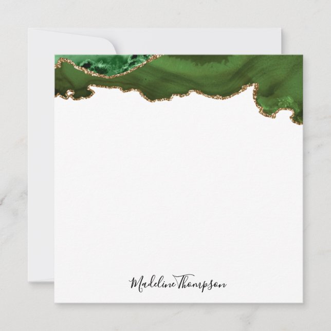 Girly Green Velvet Agate Geode Script Square Note Card (Front)