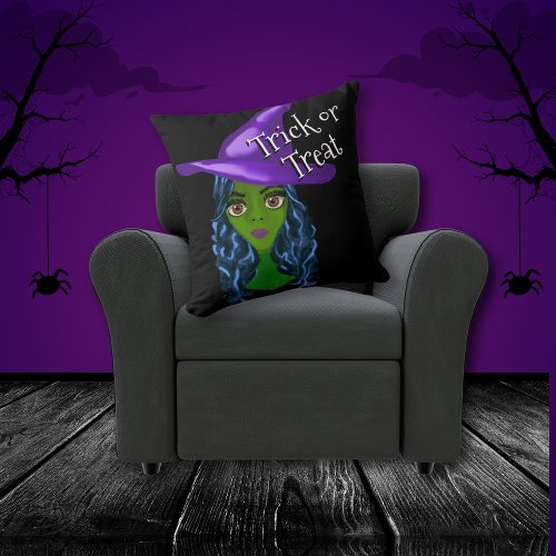Girly Green Witch Purple Hat Trick Or Treat Throw  Throw Pillow
