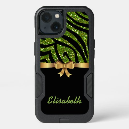 GIRLY GREEN ZEBRA glitter  black GOLD BOW monogram iPhone 13 Case