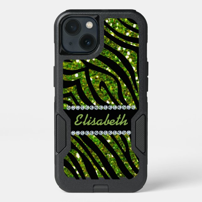 GIRLY GREEN ZEBRA glitter printed Diamond monogram Otterbox iPhone Case (Back)