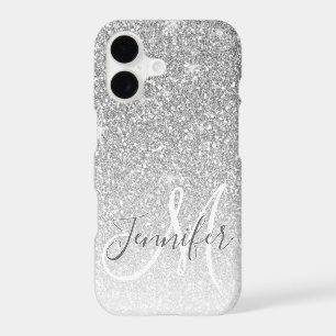 Girly Grey Silver Glitter Sparkle Monogram Name iPhone 17 Case