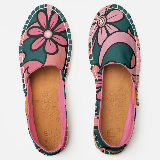 Girly Groovy Pink Coral Green 70s Flowers Pattern Espadrilles (Front)