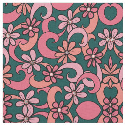 Girly Groovy Pink Coral Green 70s Flowers Pattern Fabric