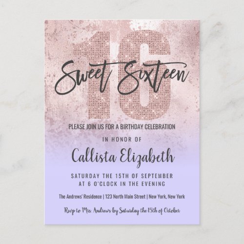 Girly Grunge Rose Gold Lilac Glitter Foil Sweet 16 Invitation Postcard