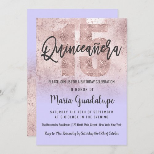 Girly Grunge Rose Gold Lilac Glitter Quinceaera Invitation