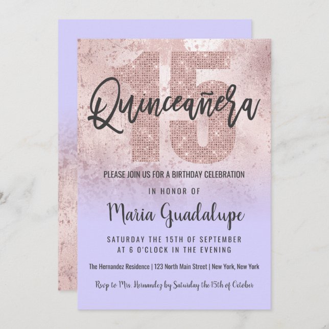 Girly Grunge Rose Gold Lilac Glitter Quinceañera Invitation (Front/Back)