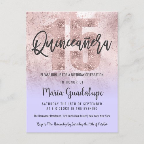 Girly Grunge Rose Gold Lilac Glitter Quinceaera Invitation Postcard