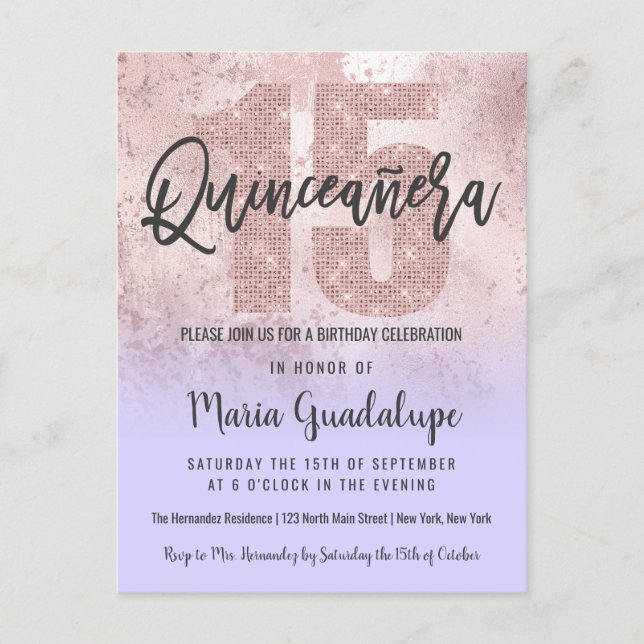 Girly Grunge Rose Gold Lilac Glitter Quinceañera Invitation Postcard (Front)