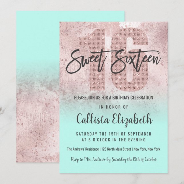 Girly Grunge Rose Gold Mint Glitter Foil Sweet 16 Invitation (Front/Back)