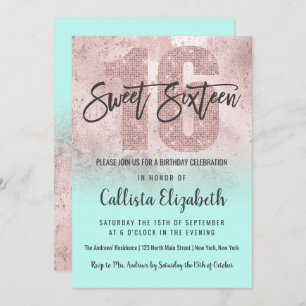 Girly Grunge Rose Gold Mint Glitter Foil Sweet 16 Invitation