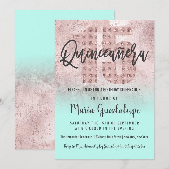 Girly Grunge Rose Gold Mint Glitter Quinceañera Invitation (Front/Back)